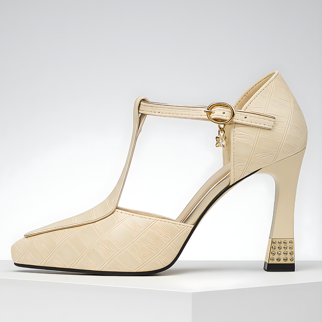 Tacones glamour para mujer, diseño sofisticado con tira en T y tacón bloque, estilo para celebración.