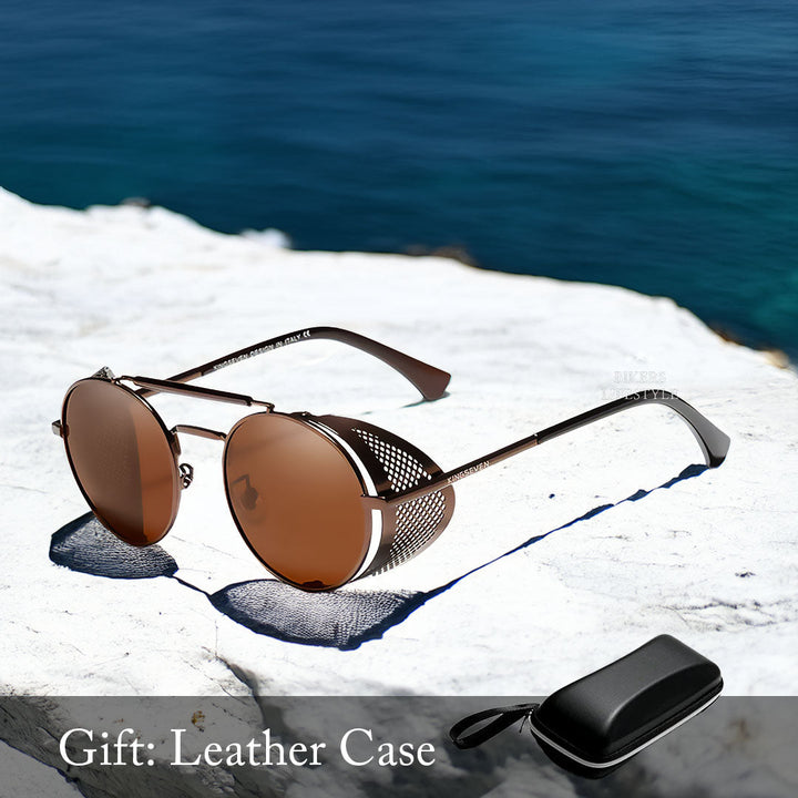 Accesorios de moda para hombre: gafas de sol redondas steampunk polarizadas vintage, montura metálica.
