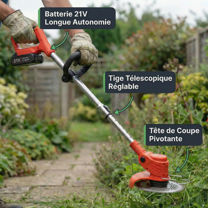 Desbrozadora inalámbrica potente con accesorios para diversas tareas de jardinería. Mantenimiento completo del césped.