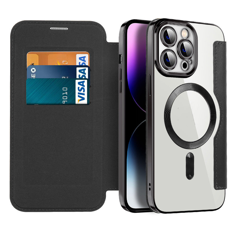 Elegante funda de cuero tipo flip para iPhone. Diseño magnético para negocios, con protección anti-huellas.