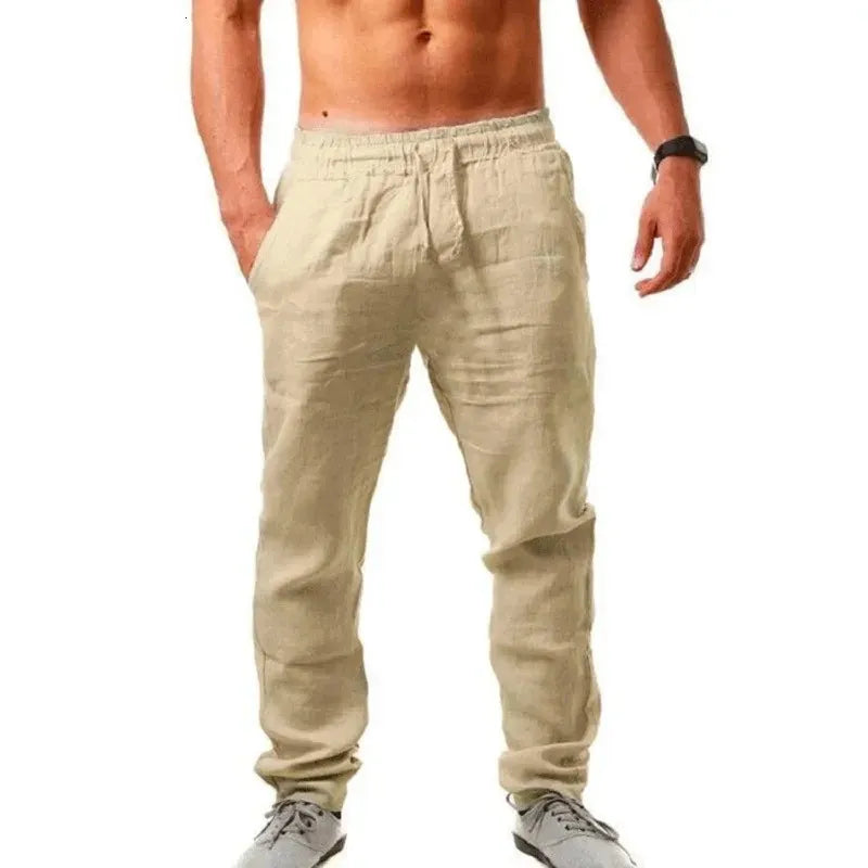 Cintura elástica de pantalones de lino para hombre, ajuste cómodo. Estilo relajado, transpirable y casual.
