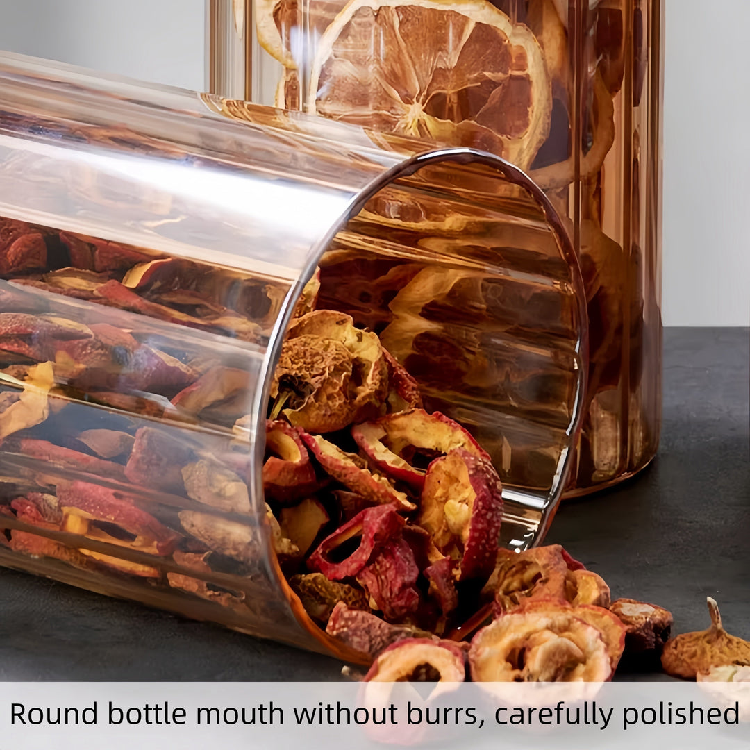 Contenedores de cristal ámbar (3 unidades) con tapas doradas, versátiles para cocina y decoración.