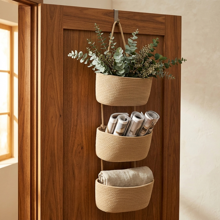 Cesta organizadora de puerta de algodón de 3 niveles. Ideal para baño, cocina o dormitorio.