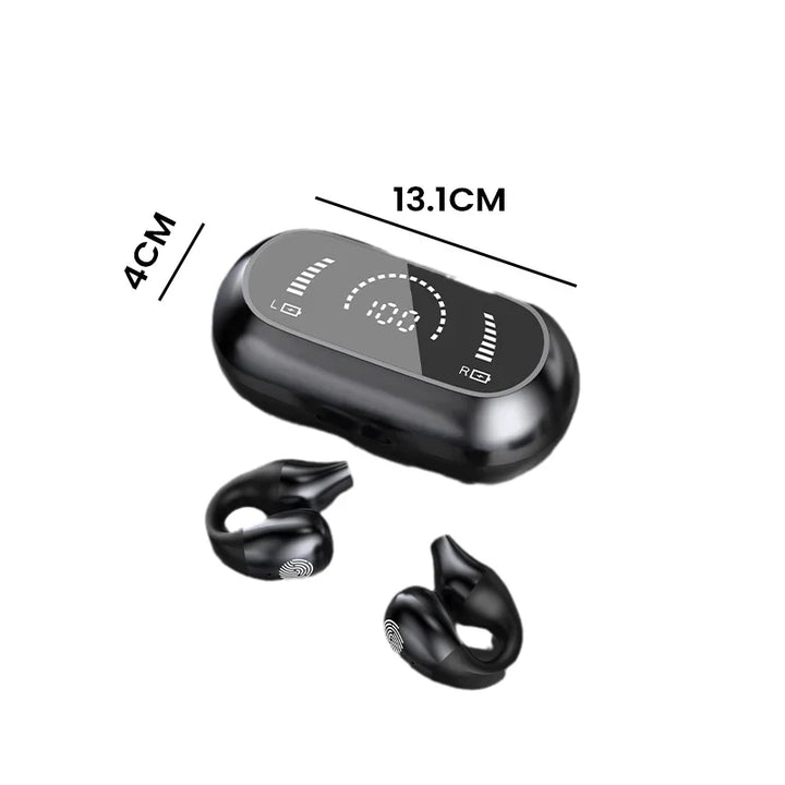 Caja de auriculares inalámbricos con clip, listos para música y llamadas estéreo.