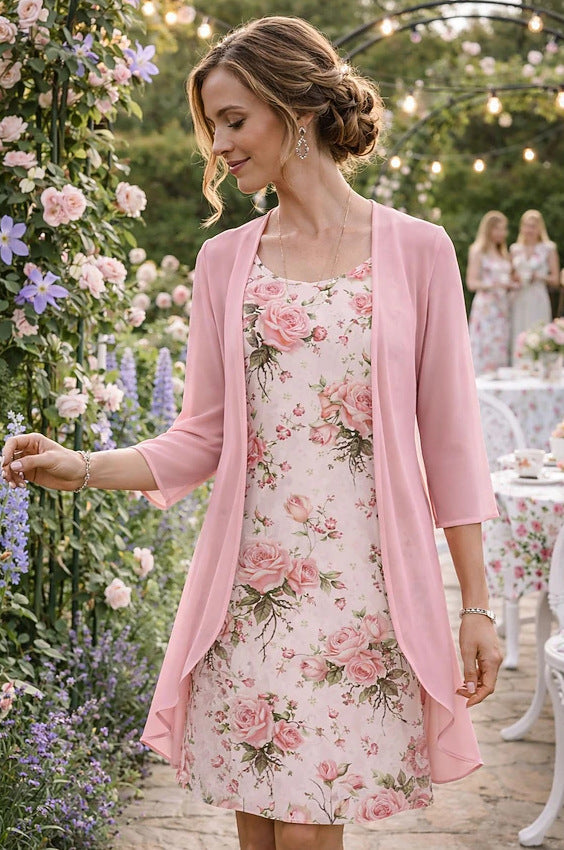 Vestido floral de tirantes y cárdigan ligero de manga 3/4 para mujer, estilo fresco y cómodo.