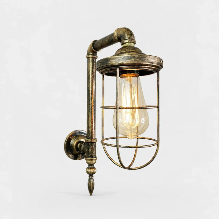 Lámpara de pared vintage industrial con pantalla de jaula de metal, luz decorativa para espacios rústicos.