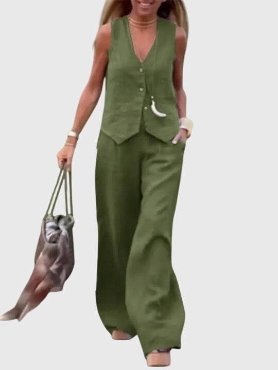 Set veraniego de moda para mujer: chaleco y pantalón ancho, cómodo y con estilo moderno.