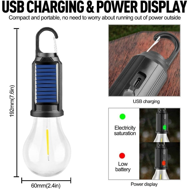 Linterna LED de emergencia portátil para camping y senderismo, con carga solar y USB.