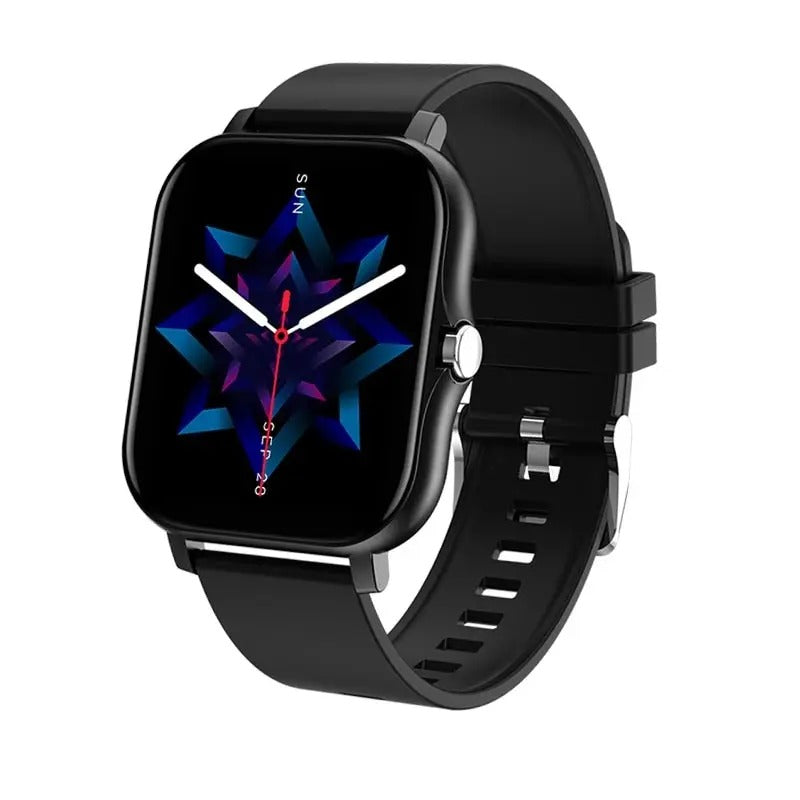 Pantalla de reloj inteligente mostrando pasos, calorías y distancia, seguimiento de actividad física.
