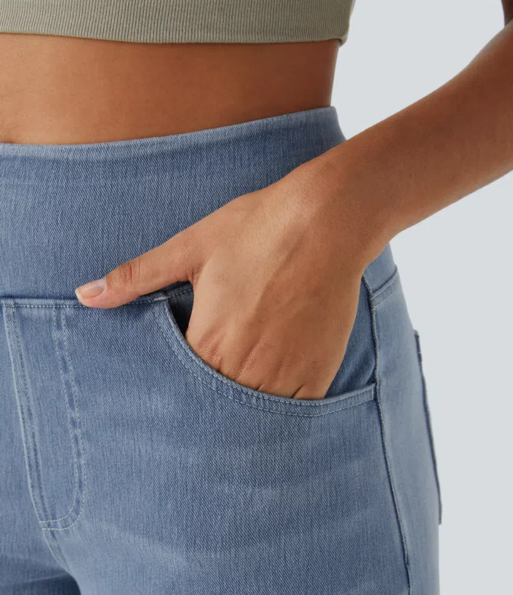 Jean elástico mujer de talle alto y pierna ancha, moderno y cómodo para cualquier ocasión casual.