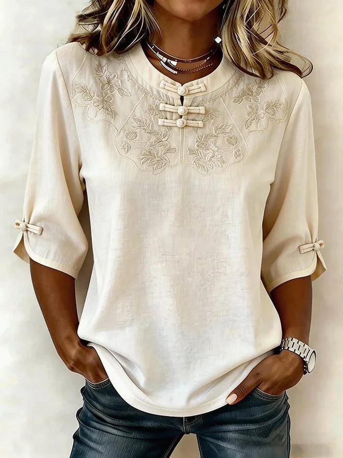 Blusa de mujer Noelia con estampado floral, mezcla de algodón y lino. Prenda cómoda y fresca para el día a día.