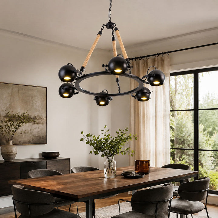 Iluminación ajustable estilo industrial con cuerda. Candelabro rústico para decoración hogar.