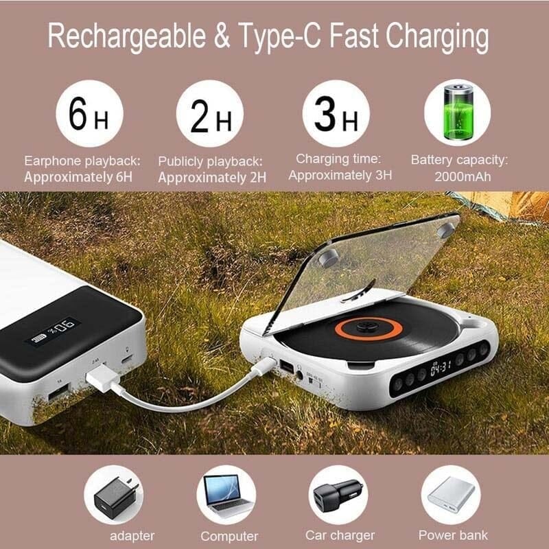 Disfruta tu música MP3 y CDs con este reproductor portátil Bluetooth de sonido Hi-Fi y batería de larga duración.
