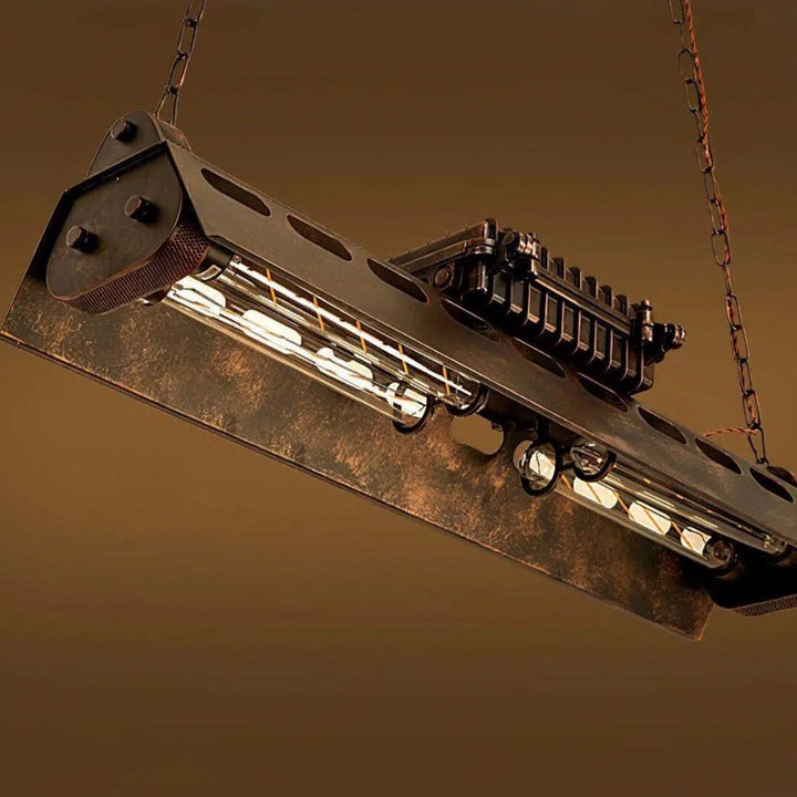 Candelabro lineal industrial de metal óxido, iluminación colgante steampunk para el techo de tu comedor.