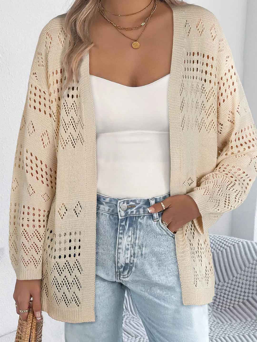 Cárdigan mujer punto calado abierto, estilo boho ligero para verano.
