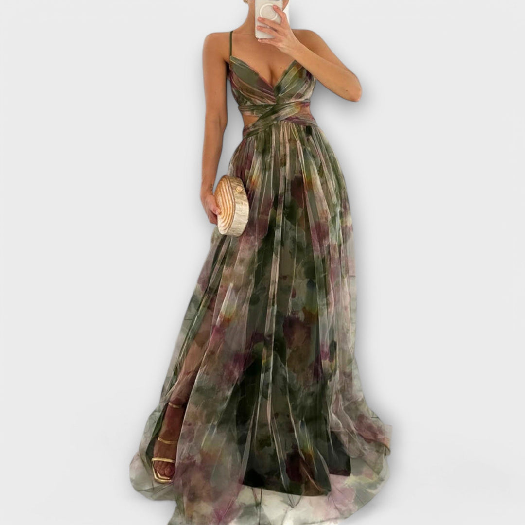 Elegante vestido maxi floral degradado para mujer, perfecto como vestido de invitada o fiesta de verano.