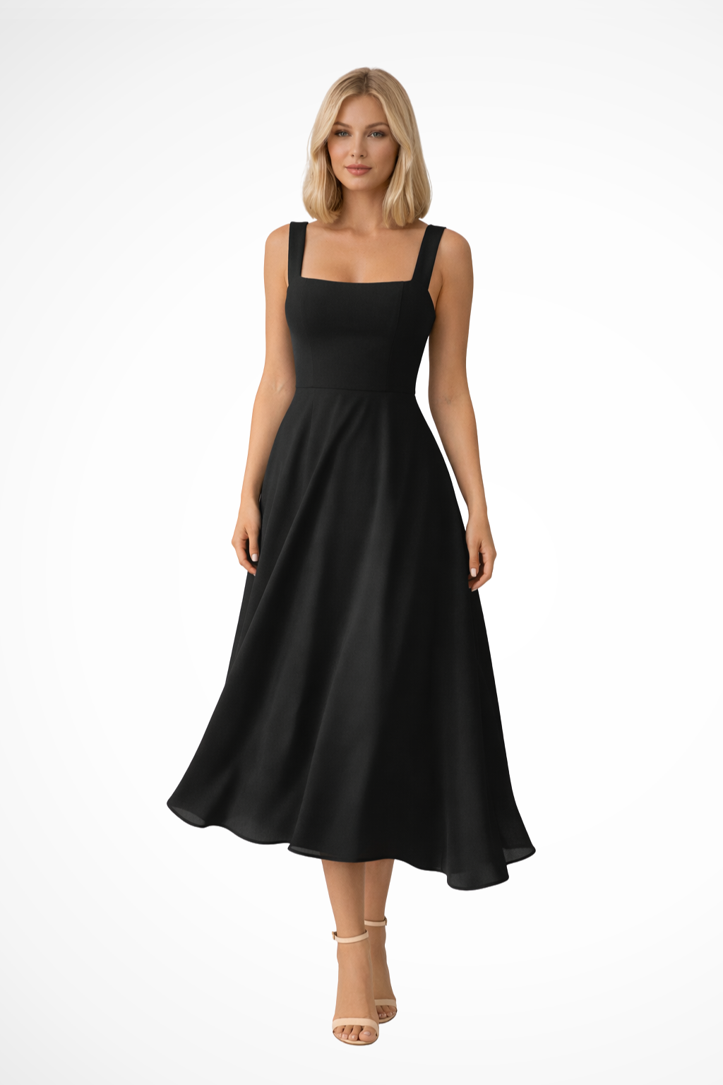 Vestido midi formal sin mangas para mujer, ideal para invitada de boda o evento especial de verano con escote cuadrado.