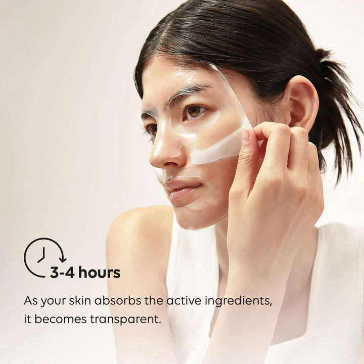 Mascarilla facial de hidrogel transparente para noche, con bio-colágeno para una piel más firme.