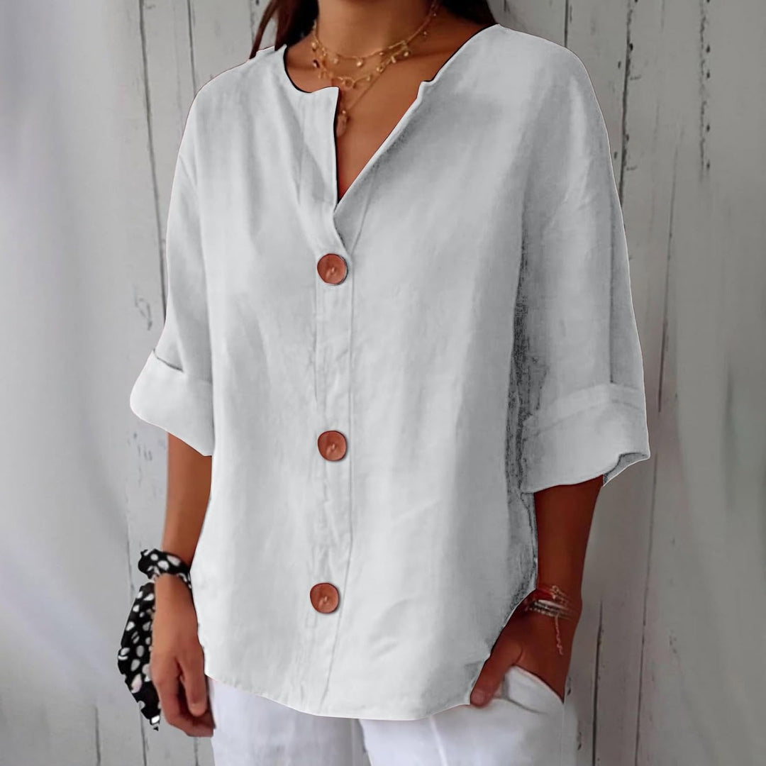 Camisa elegante de mujer con cuello en V, algodón lino transpirable, ideal para primavera y verano.