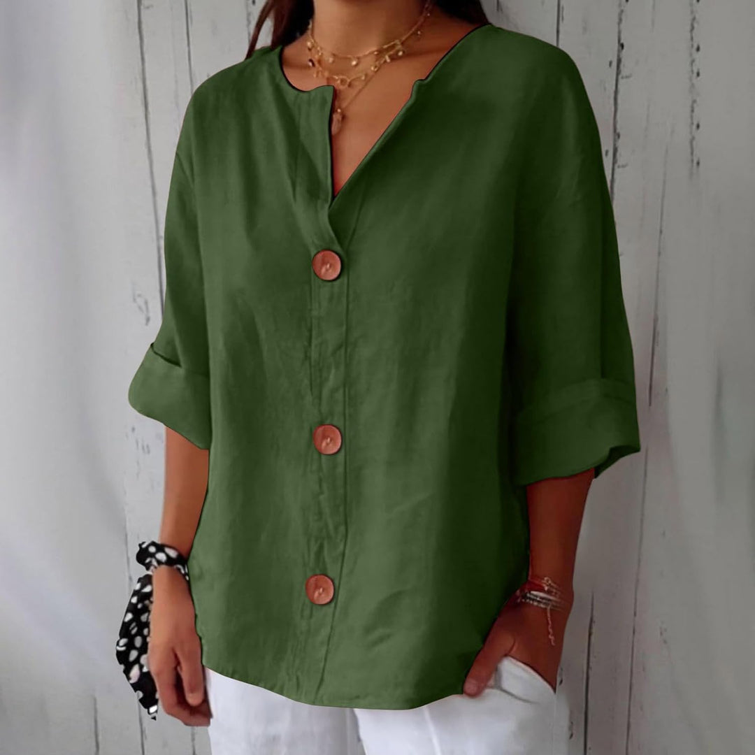 Blusa elegante para mujer, cuello en V, algodón lino, versátil para looks casuales y formales de primavera.