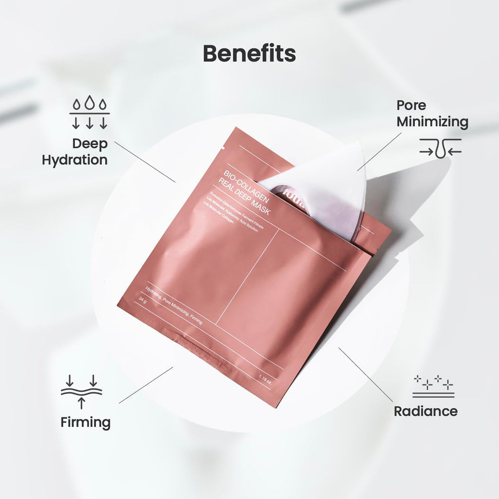 Hidratación profunda con mascarilla facial de bio-colágeno para uso nocturno.