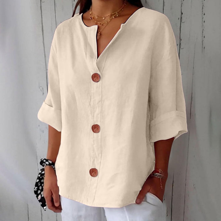 Blusa casual elegante de mujer, cuello V, algodón lino, cómoda, perfecta para uso diario en primavera.