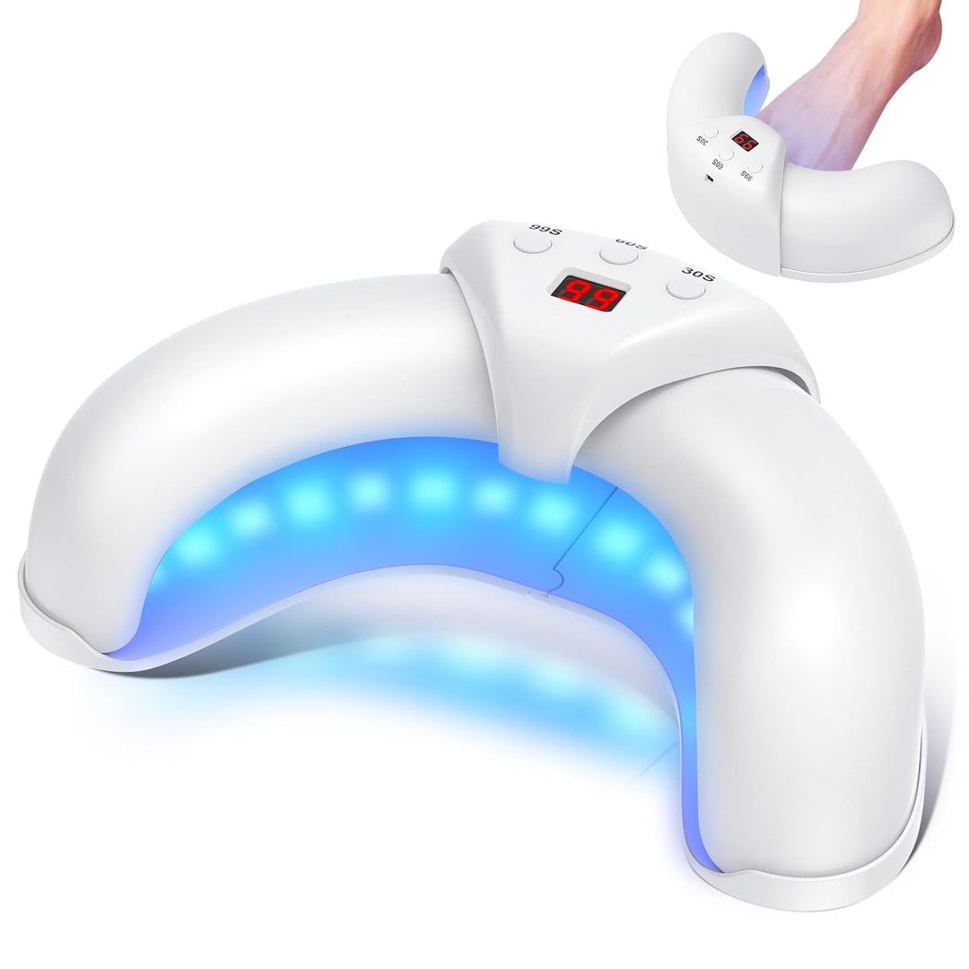Terapia de luz LED para uñas. Dispositivo de belleza que promueve uñas saludables con luz azul e infrarroja.