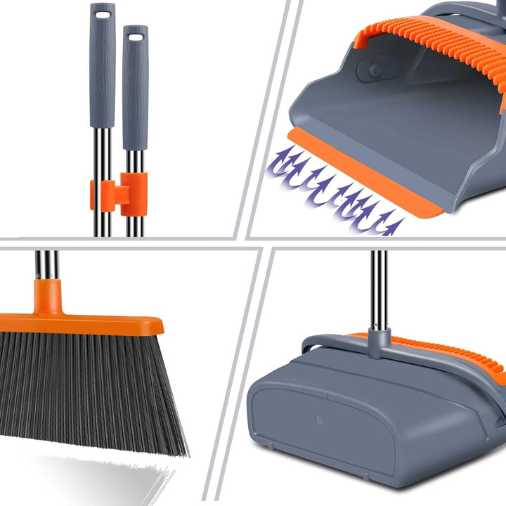 Juego escoba y recogedor autolimpiante con mango extensible para limpieza hogar eficiente y sin esfuerzo.