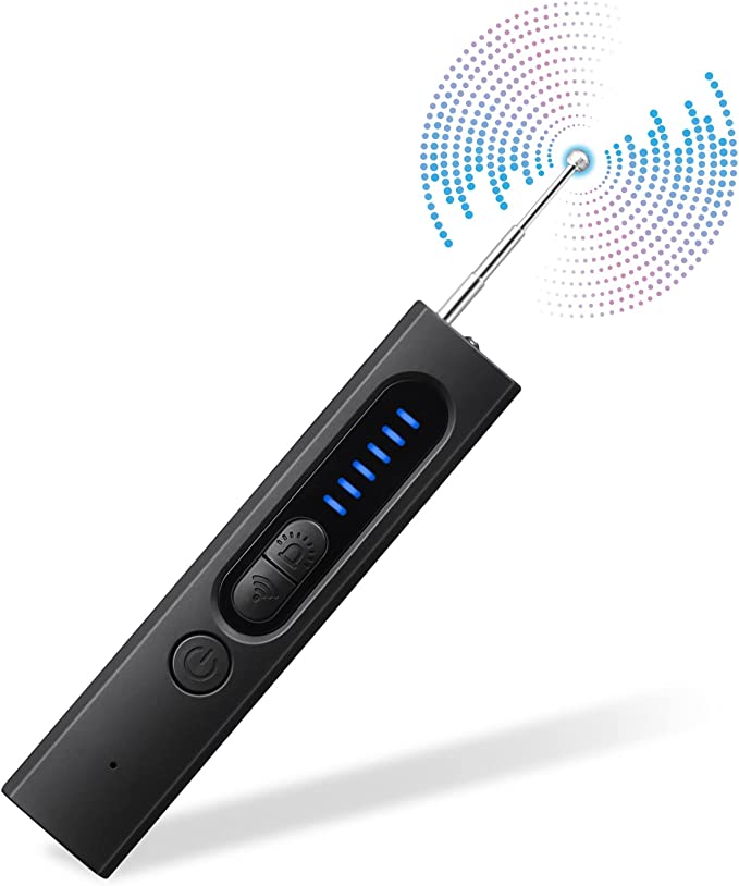 Detector RF compacto para cámaras ocultas y micrófonos espía. Protege tu privacidad.
