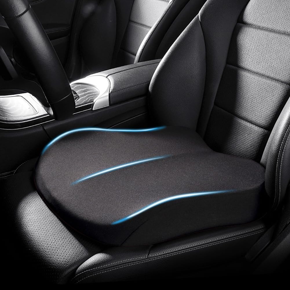 Cojín elevador ergonómico para coche con espuma de memoria, mejora confort en conducción.