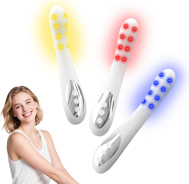 Dispositivo de luz roja, azul y amarilla para salud y cuidado íntimo femenino.