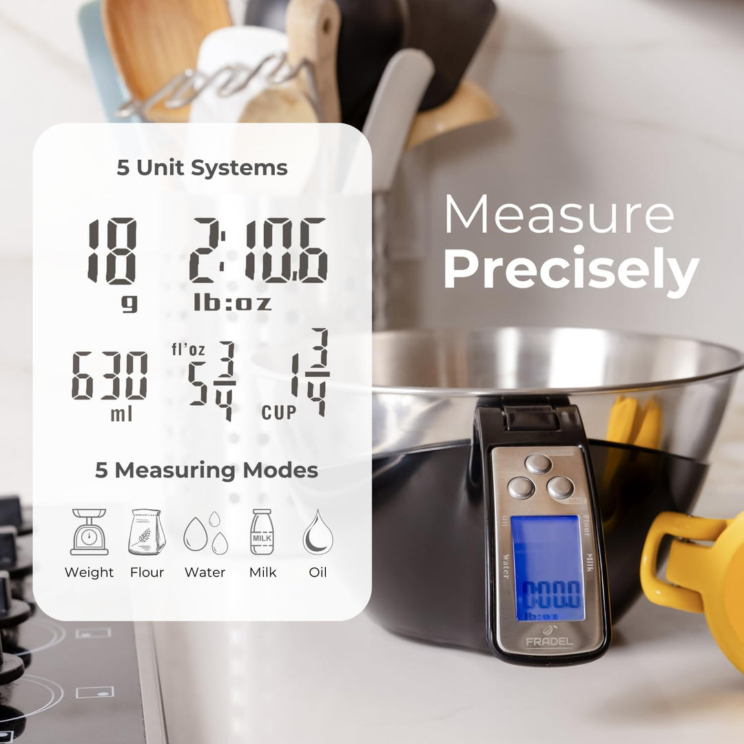 Taza medidora digital con alimentos pesándose, balanza de precisión para recetas de cocina y repostería.