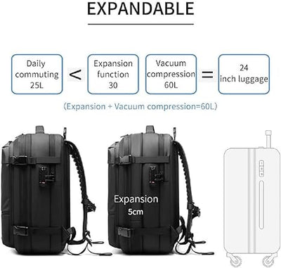 Compartimento húmedo/seco: Mochila de viaje expandible 60L, perfecta para ropa mojada. Equipaje de mano organizado.