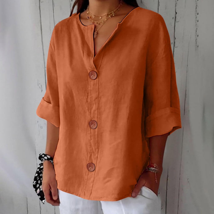 Camisa de mujer de algodón lino transpirable, cuello en V, alto confort. Estilo casual elegante para verano.