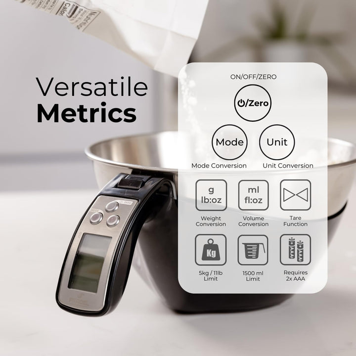Utensilio digital 2 en 1: balanza y taza medidora, esencial para cocina, repostería y hogar.