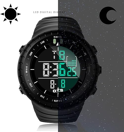 Primer plano de reloj deportivo digital para hombre, robusto, impermeable y resistente a golpes. Funcional y moderno.