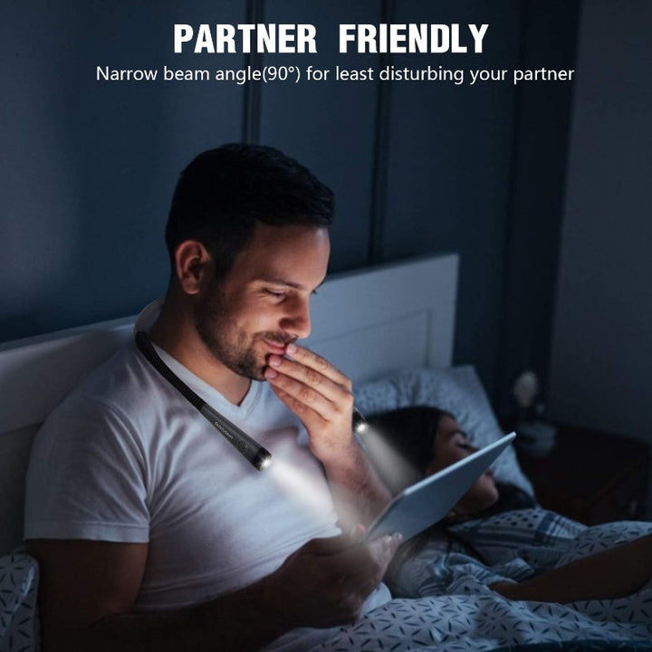 Lámpara de lectura LED con protección ocular, recargable, cuello flexible y brillo ajustable.