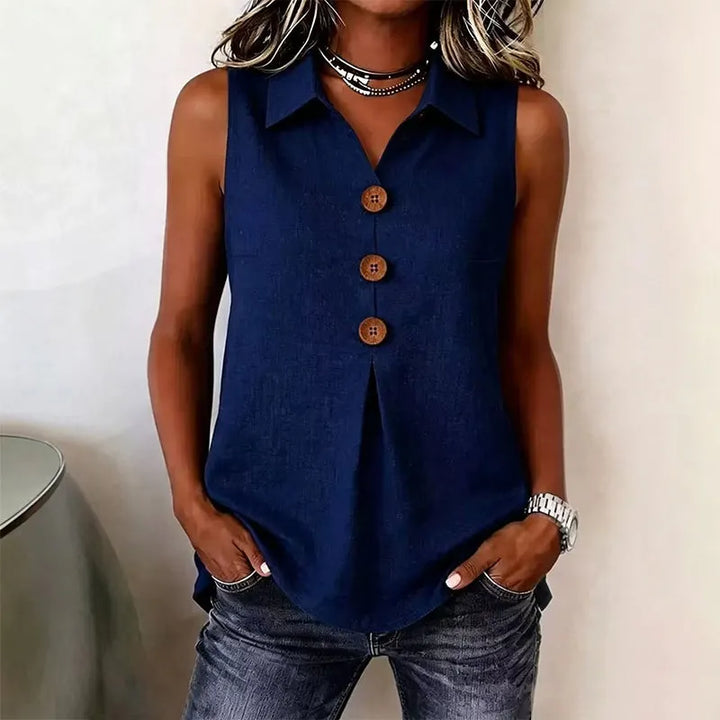 Camisa sin mangas mujer, blusa ligera con cuello solapa, moda femenina casual, perfecta para verano.
