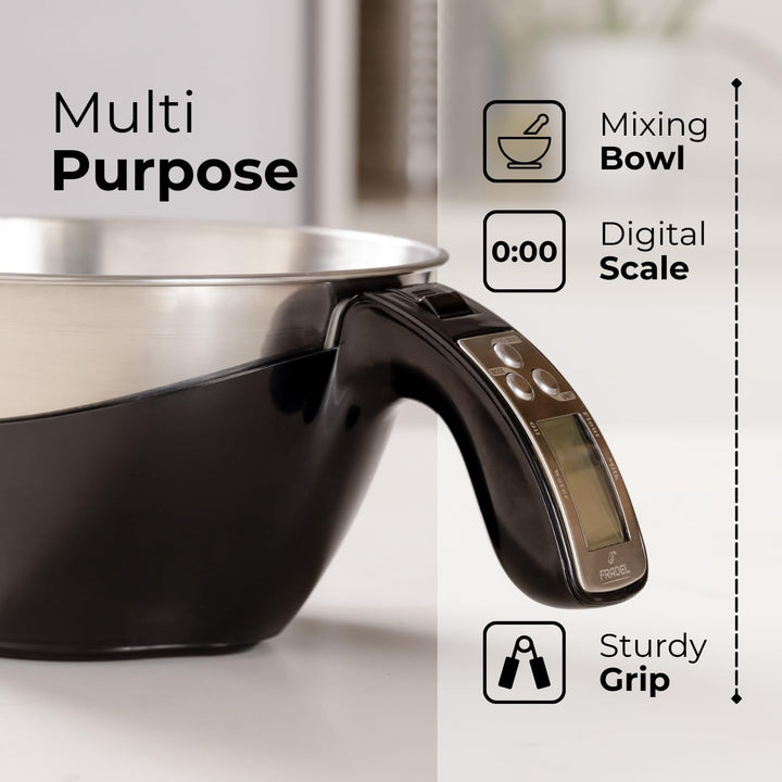 Taza medidora digital con báscula para cocina, precisión en gramos/ml, ideal repostería y hogar.