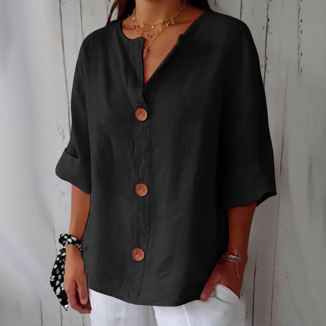 Camisa casual de mujer con cuello en V de algodón lino. Blusa transpirable para estilo veraniego y confort.