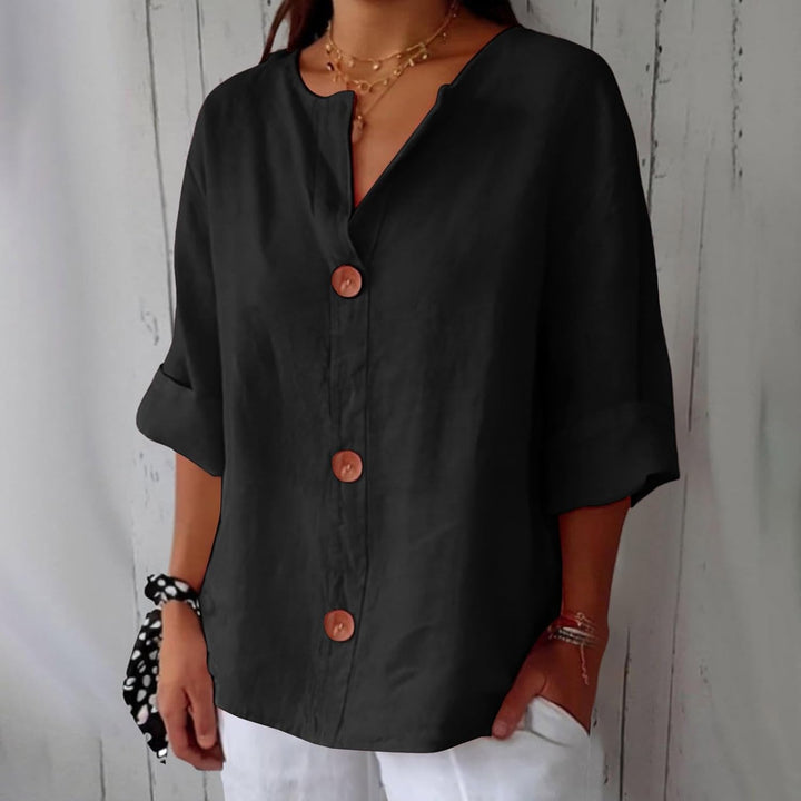 Camisa casual de mujer con cuello en V de algodón lino. Blusa transpirable para estilo veraniego y confort.