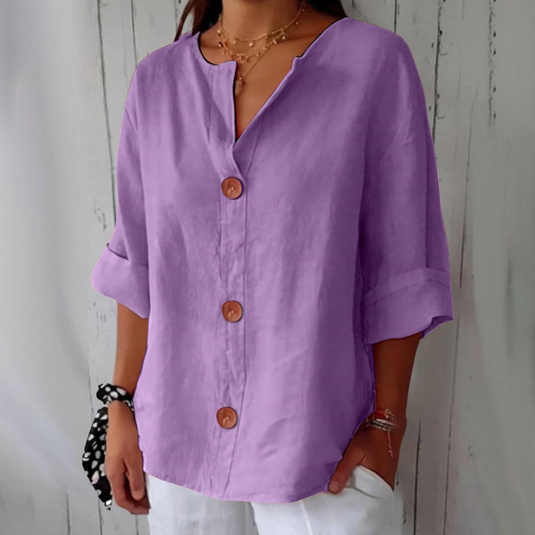Camisa de mujer con cuello en V de algodón lino, transpirable y ligera, ideal para confort en verano.