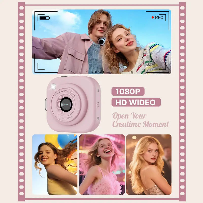 Cámara digital compacta con llavero, captura fotos y videos con un toque vintage y funcionalidad.