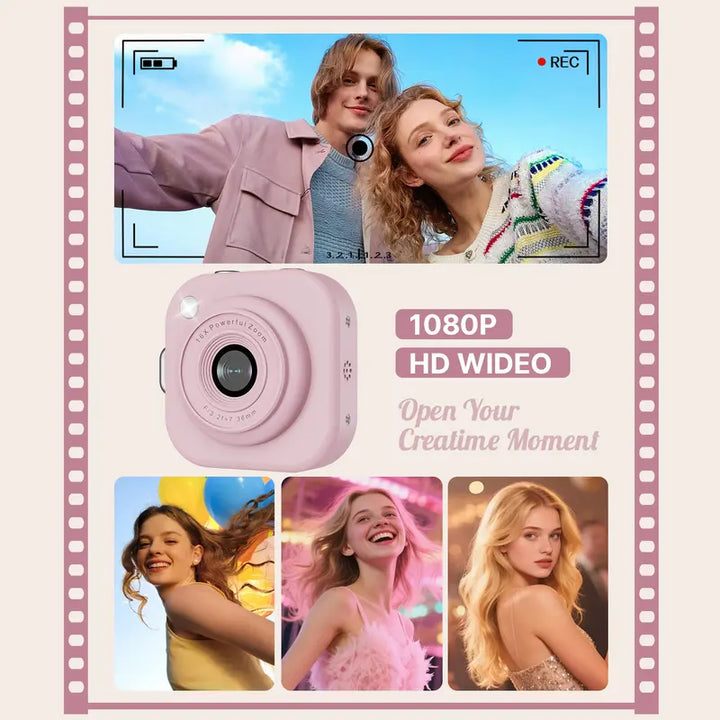 Cámara digital compacta con llavero, captura fotos y videos con un toque vintage y funcionalidad.