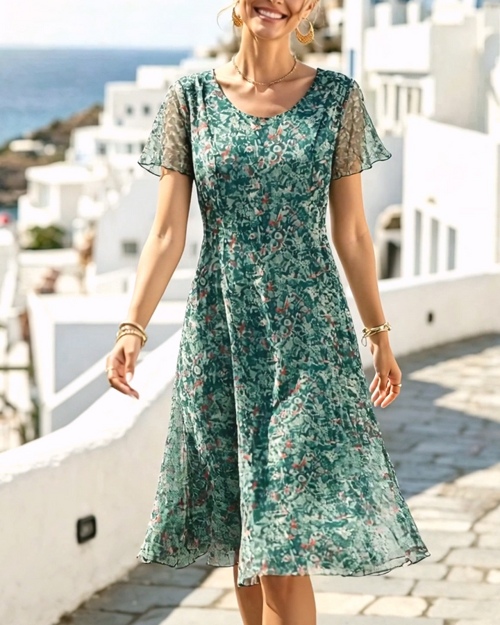 Vestido corte A para mujer, estampado floral, mangas cortas. Comodidad y estilo para el verano.