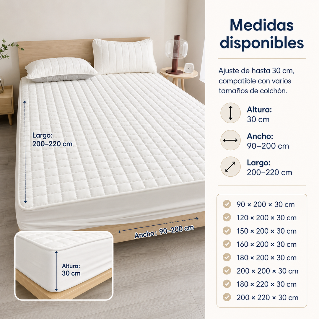 Protector de colchón lavable, impermeable y acolchado. Fácil cuidado para tu cama y hogar.