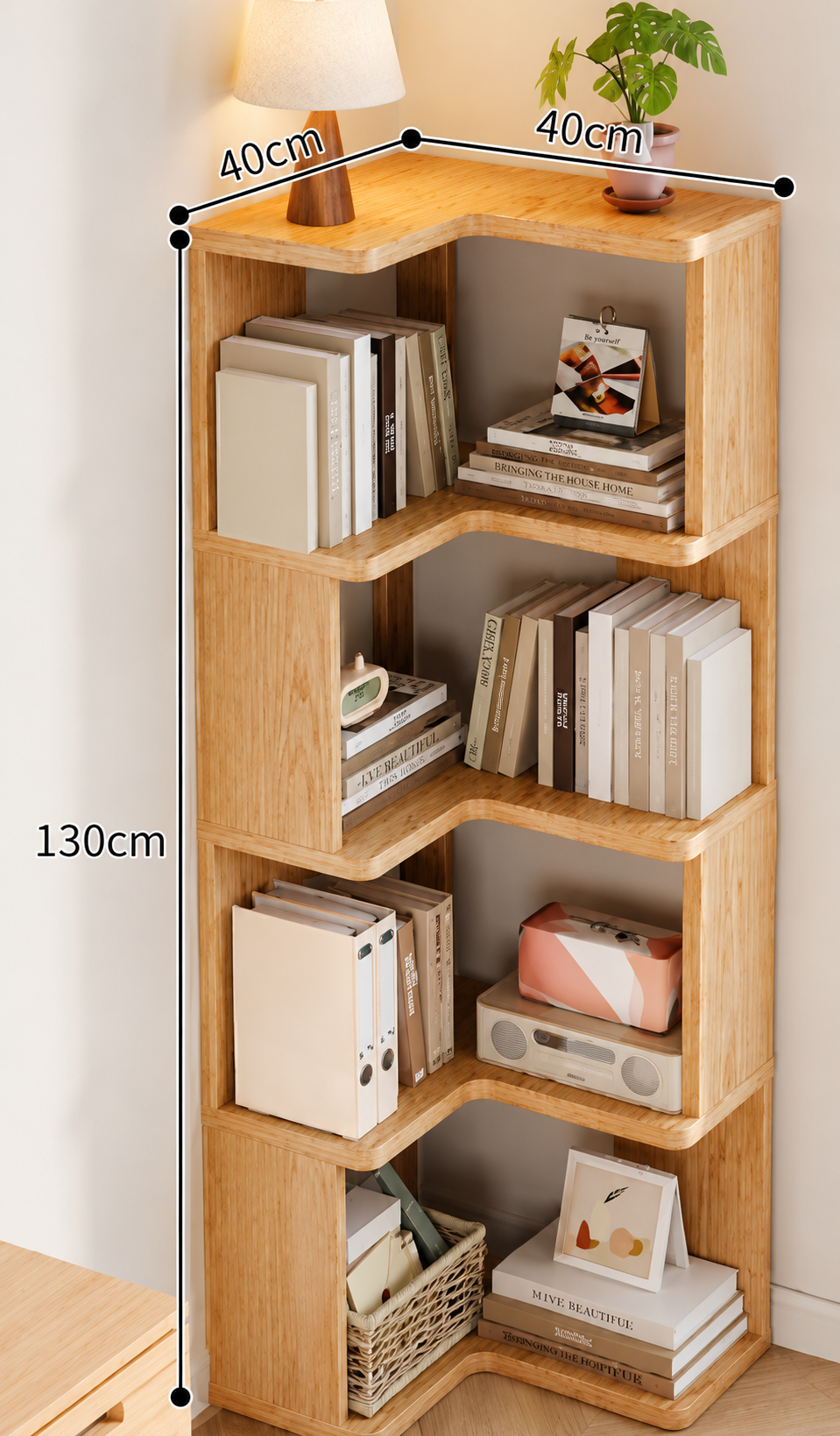Estantería de esquina de pino natural, diseño nórdico minimalista, 4 estantes para optimizar el espacio en casa.