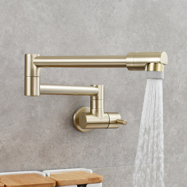 Grifo de cocina de pared, vista frontal del diseño elegante y manija única.