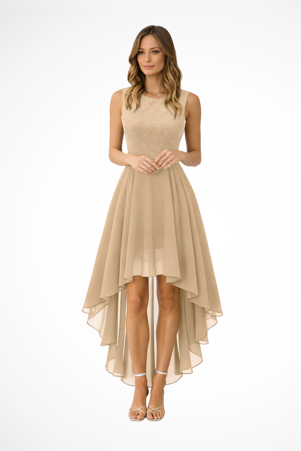 Vestido de invitada elegante que realza la figura, sin mangas y con encaje. Ideal para eventos de verano. Vestido fiesta mujer.