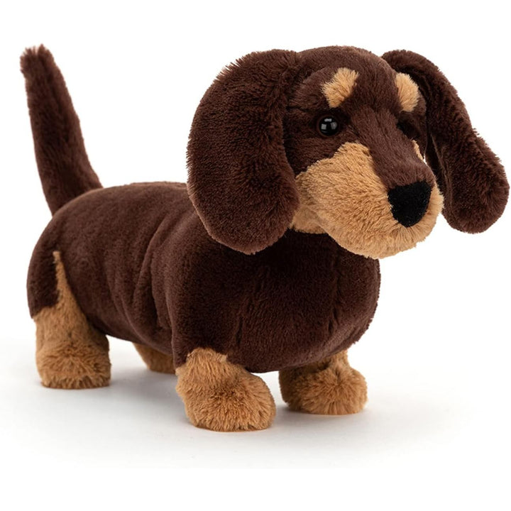 Peluche teckel Otto Jellycat, perro salchicha marrón suave de 18 cm, ideal para niños y bebés, compañero tierno.